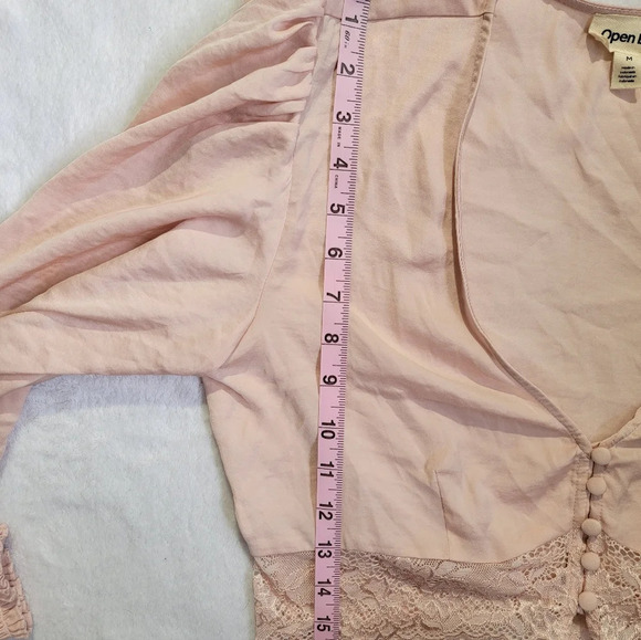 Open Edit Blush Pink Long Sleeve Satin Crop Top Ruched Buttons Victorian Size M - Picture 10 of 10